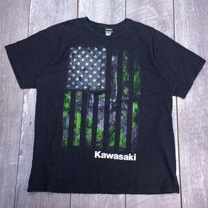 Kawasaki T-Shirt Mens XL Black American Flag Camo Graphic Short Sleeve Tee